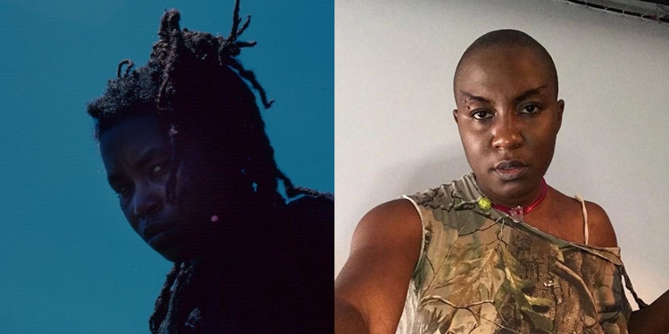 Right: Moor Mother gazes intensely into the camera against a blue backdrop. L: YATTA takes a selfie ...