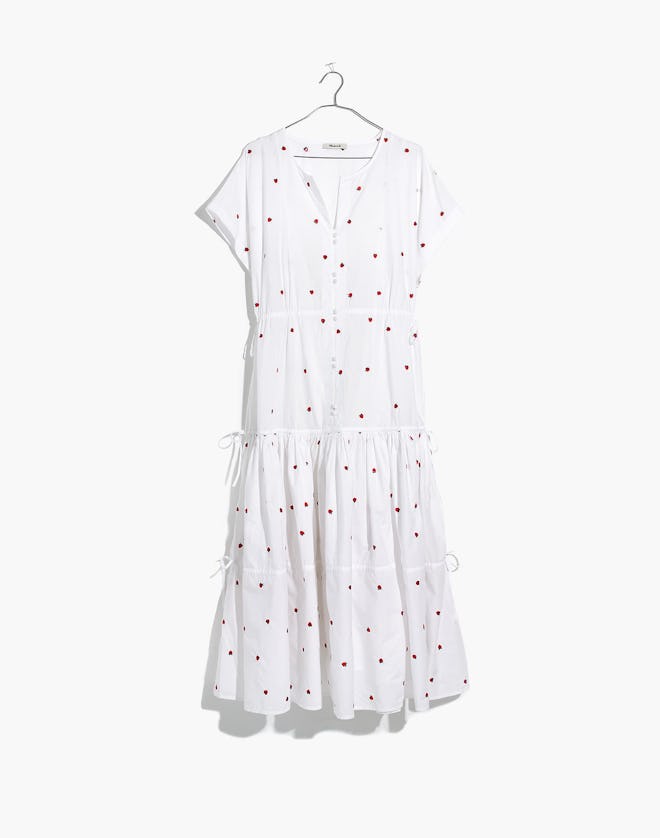 Madewell Embroidered Button-Front Tiered Midi Dress in Fresh Strawberries