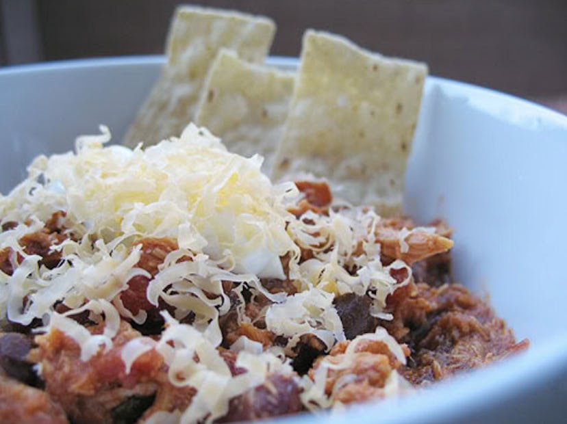 Shredded chicken chili can be made in the slow-cooker on a school night