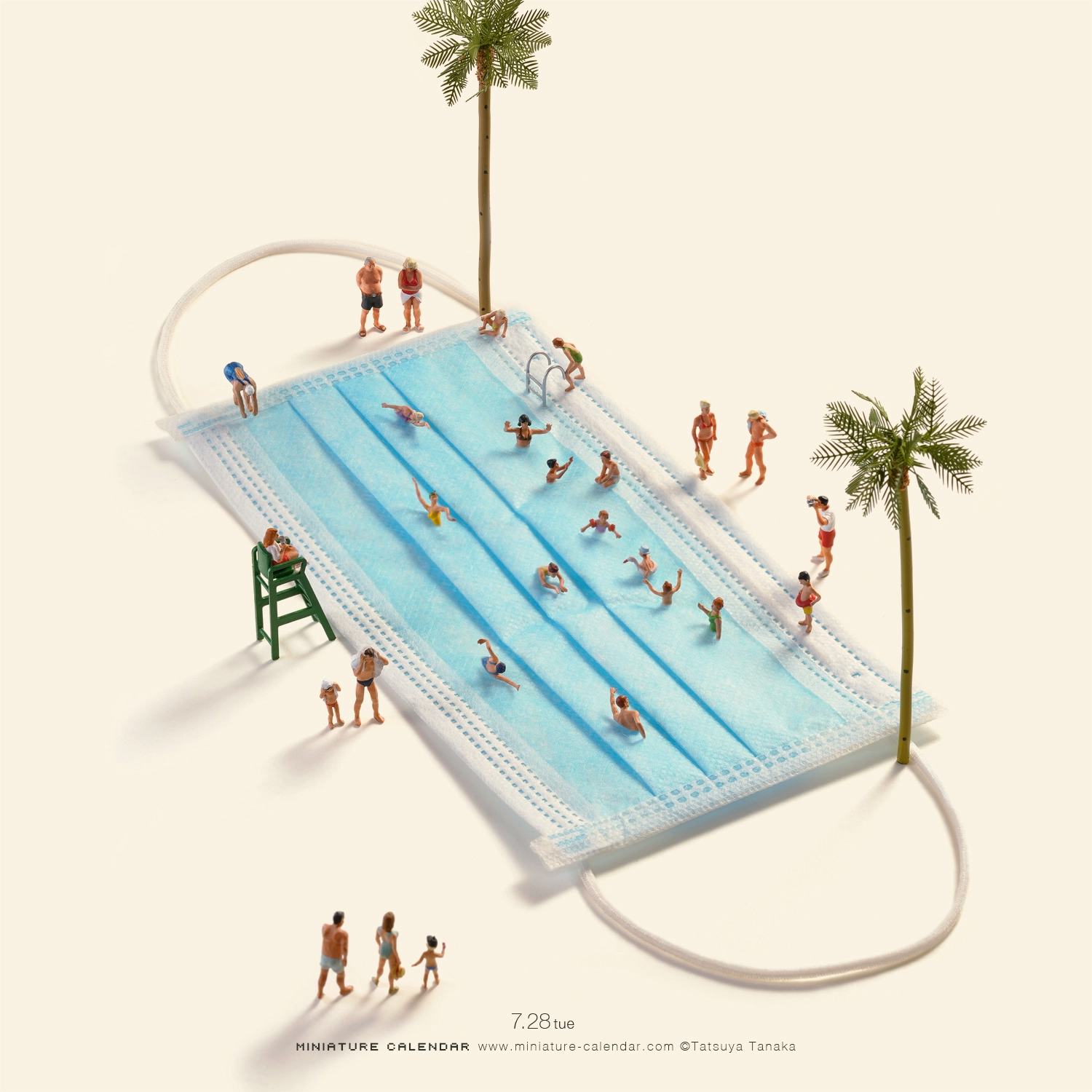 Tatsuya Tanaka used a blue face mask and human figurines to create a miniature pool scene.