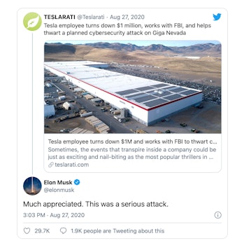 Tesla CEO Elon Musk confirms a failed cyberattack attempt on his company. 