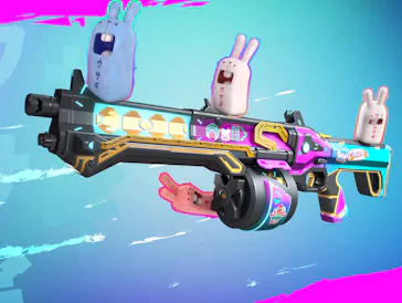 Three bunnies flying on a big gun in Glitchpop