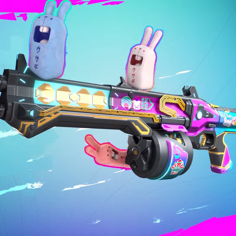 Three bunnies flying on a big gun in Glitchpop