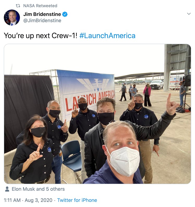 NASA administrator Jim Bridenstine shares a selfie with the Crew-1 team and SpaceX CEO Elon Musk.