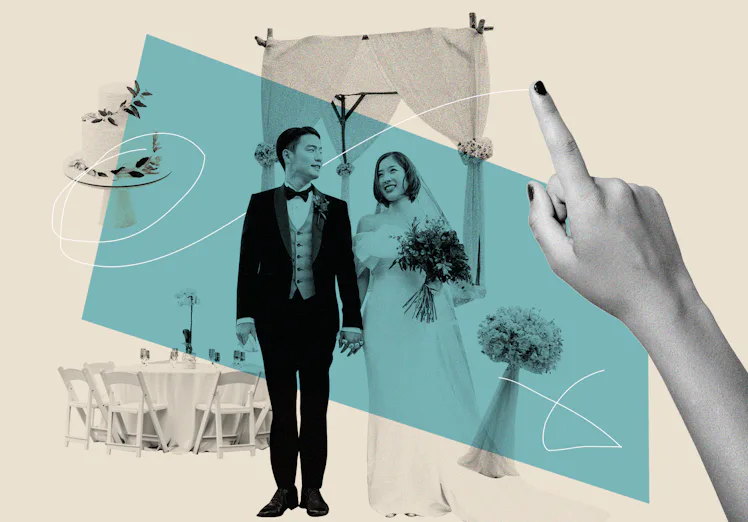 A collage of a wedding couple surrounded by altar, bouquet, table and cake photos