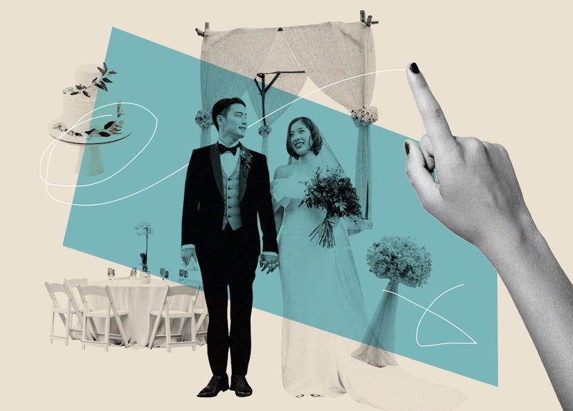 A collage of a wedding couple surrounded by altar, bouquet, table and cake photos