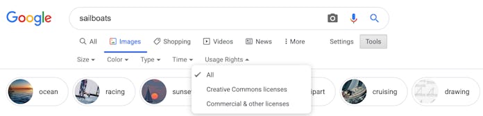 Google Image Search Usage Rights tab