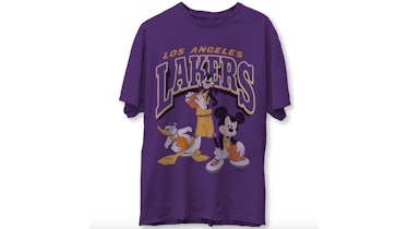 A purple Los Angeles Lakers NBA Disney tee features Mickey Mouse, Donald Duck, and Goofy on the fron...