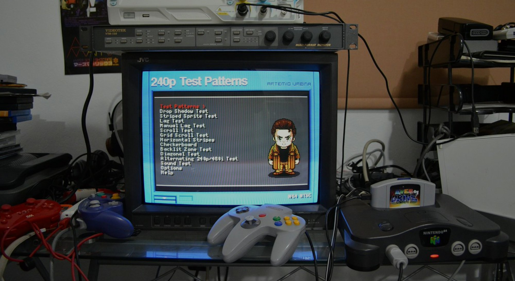 A photo of 240p Test Suite running on an N64 and a PVM CRT TV.