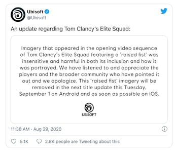 Ubisoft removed the "raised first" imagery from Elite Squat over its similarity to Black Lives Matte...