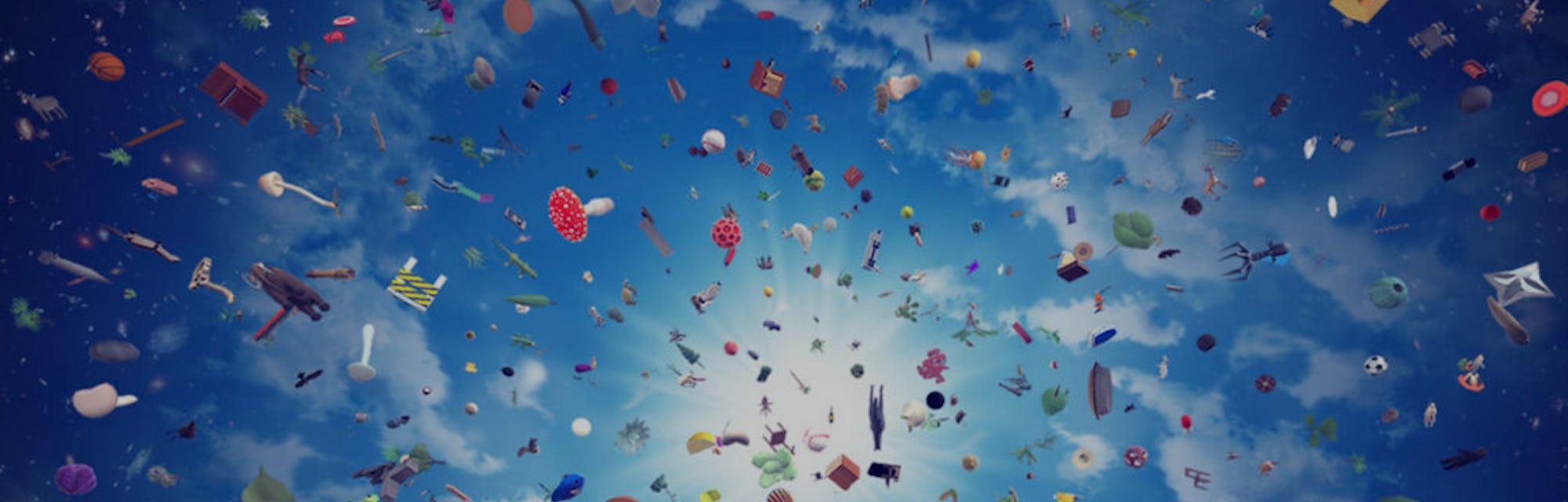 A photo of various objects, animals, plants, and more swirling in the sky.