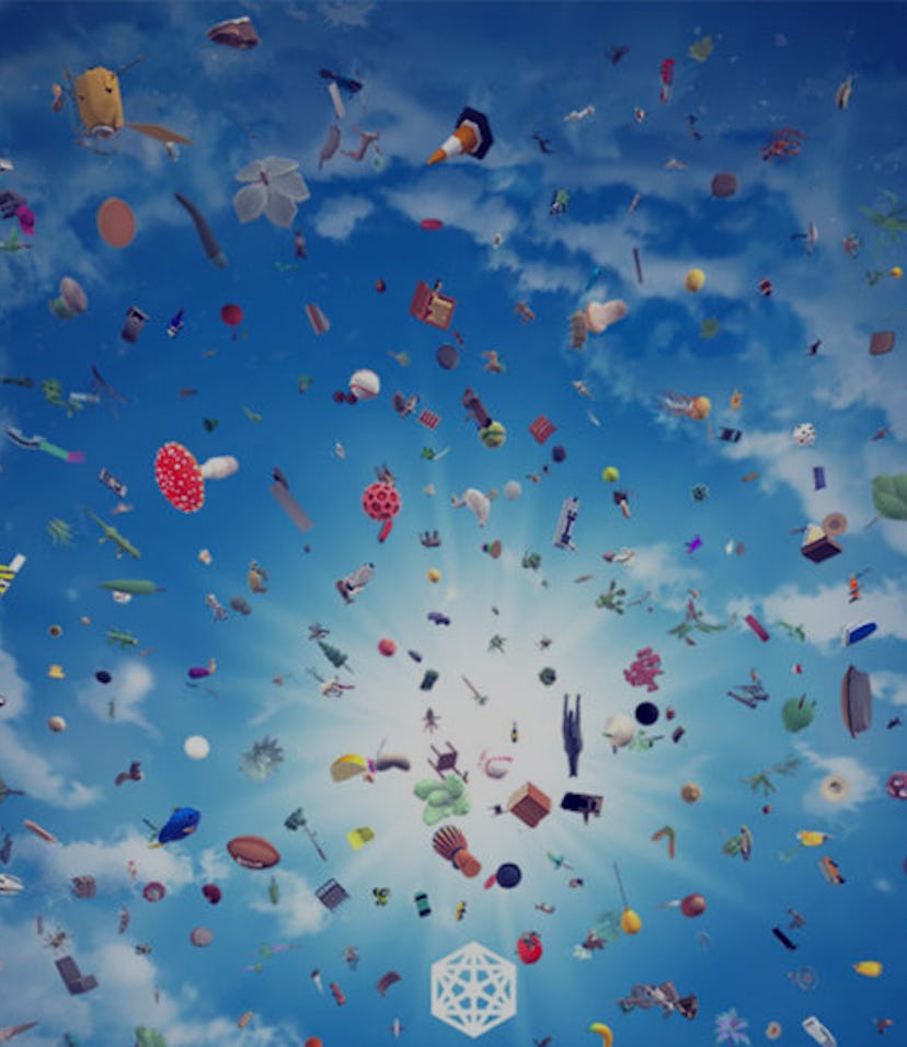 A photo of various objects, animals, plants, and more swirling in the sky.