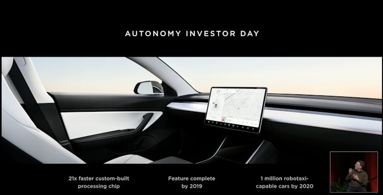 A steering wheel-free Tesla as unveiled at the company's shareholder meeting.