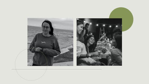 A photo of Alice Broster alone on the shore during the lockdown, next to a photo of her at a dinner ...