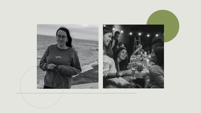 A photo of Alice Broster alone on the shore during the lockdown, next to a photo of her at a dinner ...