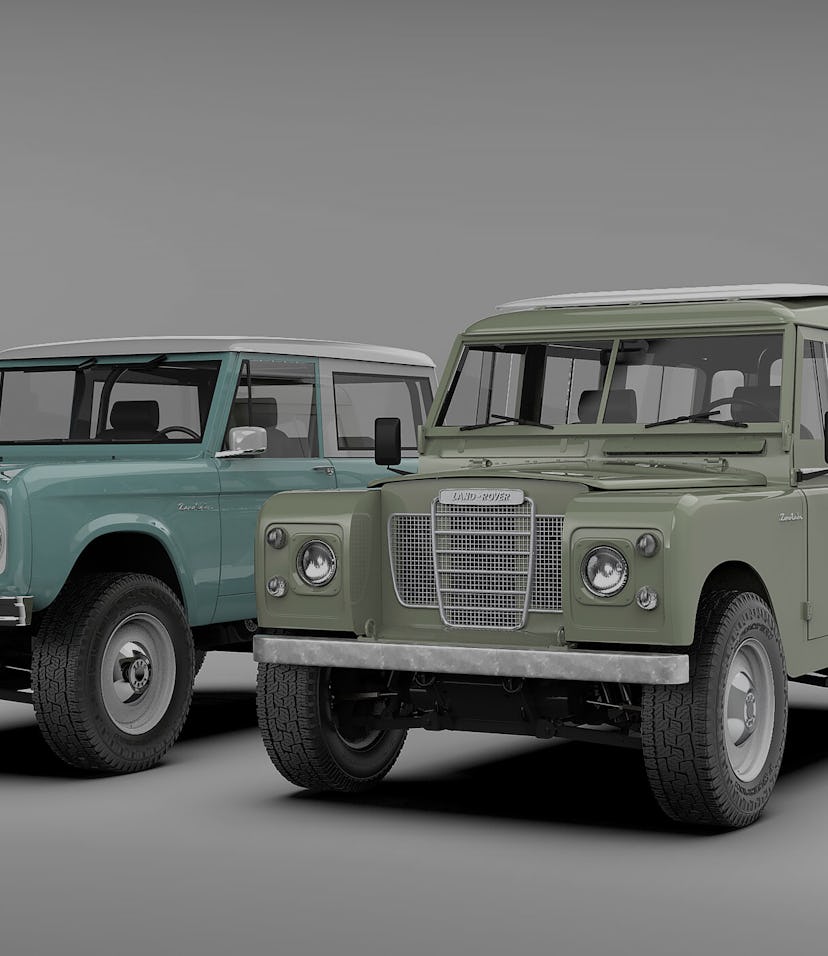 Zero Labs' electrified Land Rover and Bronco in a studio