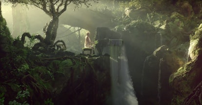 Taylor Swift sits at a moss-covered piano in a lush jungle with a waterfall in her "cardigan" music ...