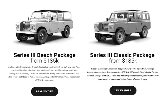 A screenshot of the Zero Labs website where it outlines the details of its Land-Rover variants