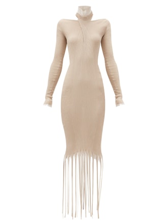 High-neck fringed cotton-blend knitted dress