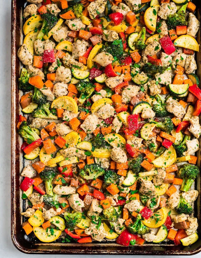 Sheet Pan Chicken With Rainbow Vegetables is one easy recipe for breastfeeding moms. 