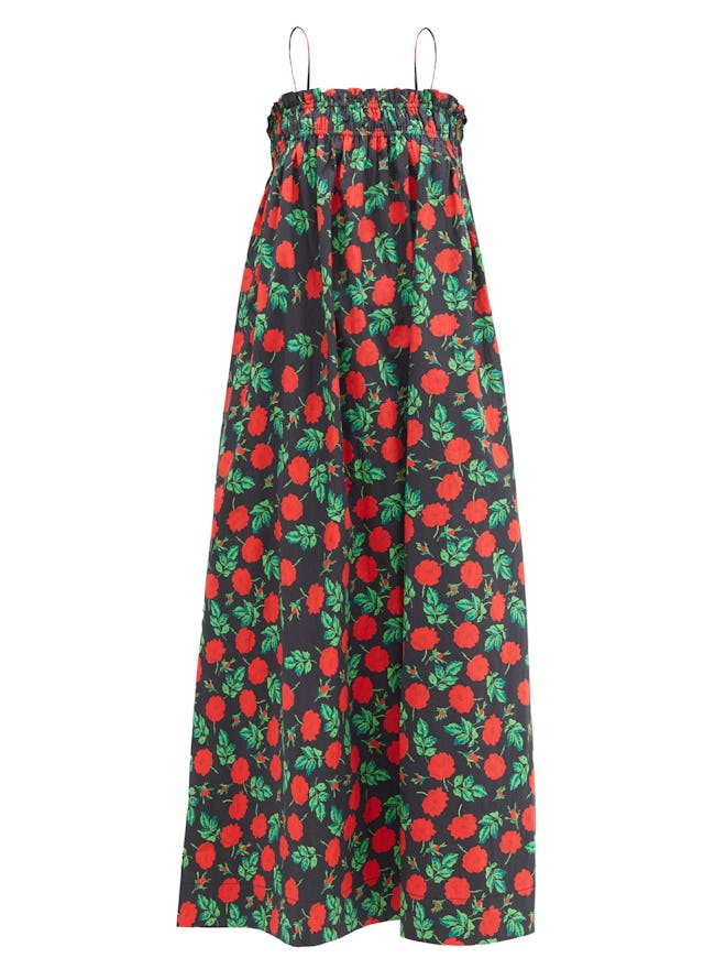 Shirred Rose-Print Cotton Midi Dress