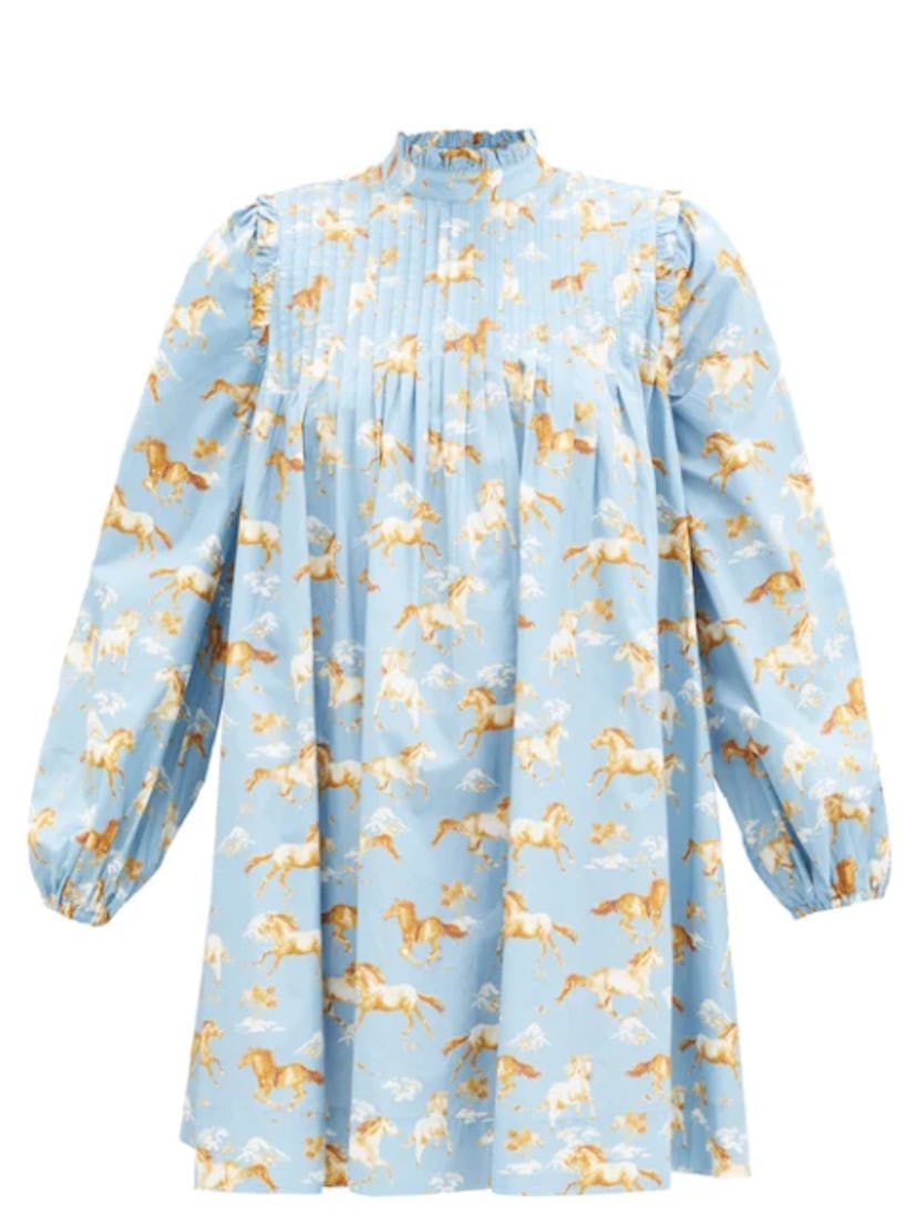 Horse-print pintucked cotton smock dress