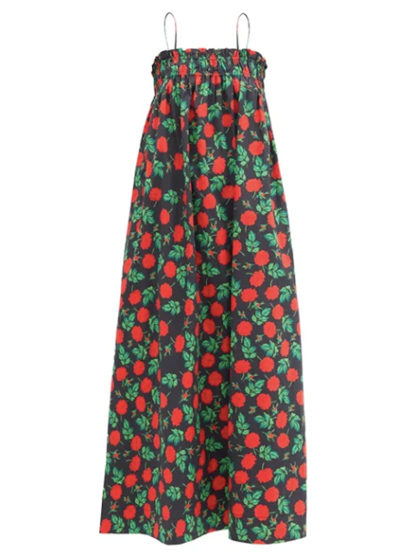 Shirred rose-print cotton midi dress