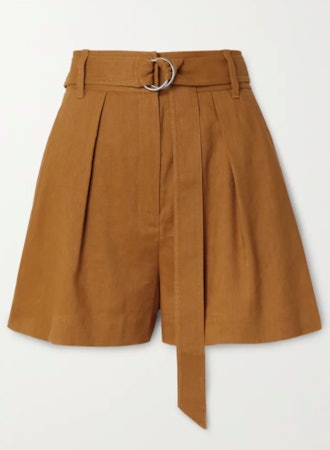 Belted pleated linen-blend shorts