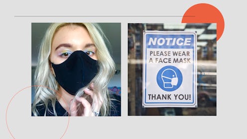 Side by side image of writer wearing a face mask and a pastel coloured eye-makeup look and a second ...