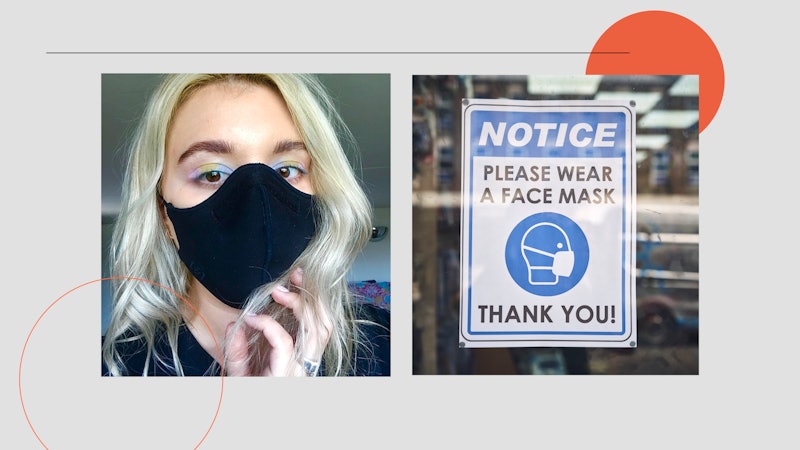 Side by side image of writer wearing a face mask and a pastel coloured eye-makeup look and a second ...