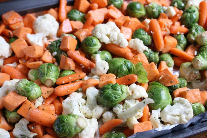 Close up of a pan full of mixed roasted veggies