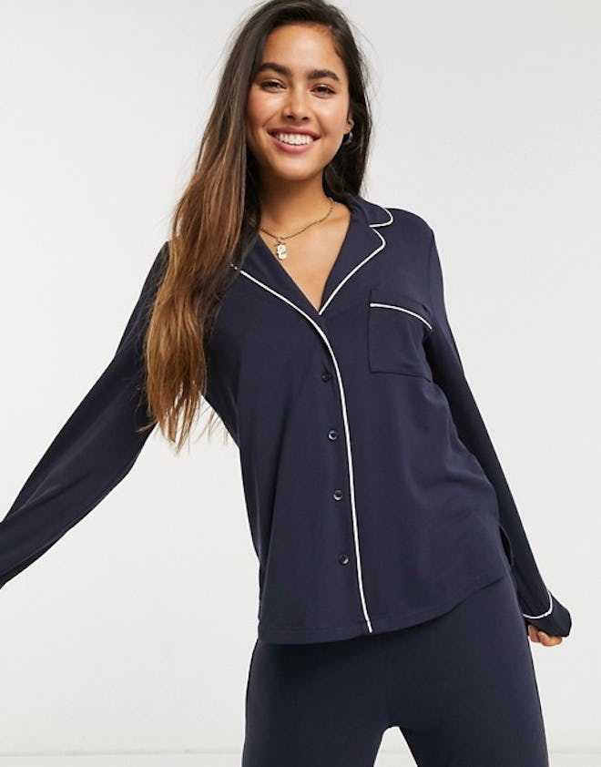 Lindex Exclusive Chris Eco Viscose revere pyjama top in navy