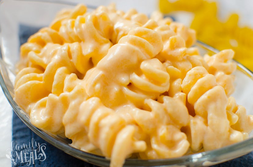 Closeup of a bowl of mac and cheese