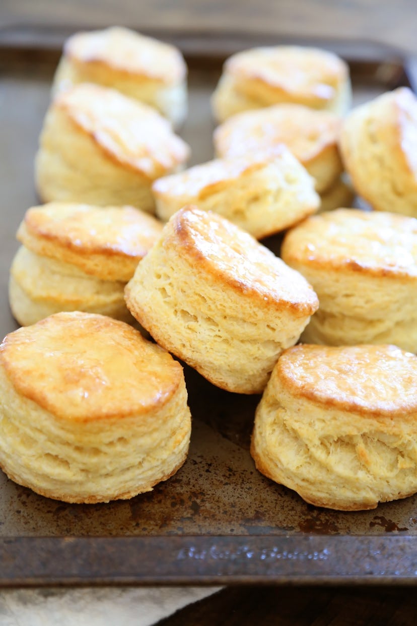 Closeup of a pile of fresh baked buttermilk biscuits