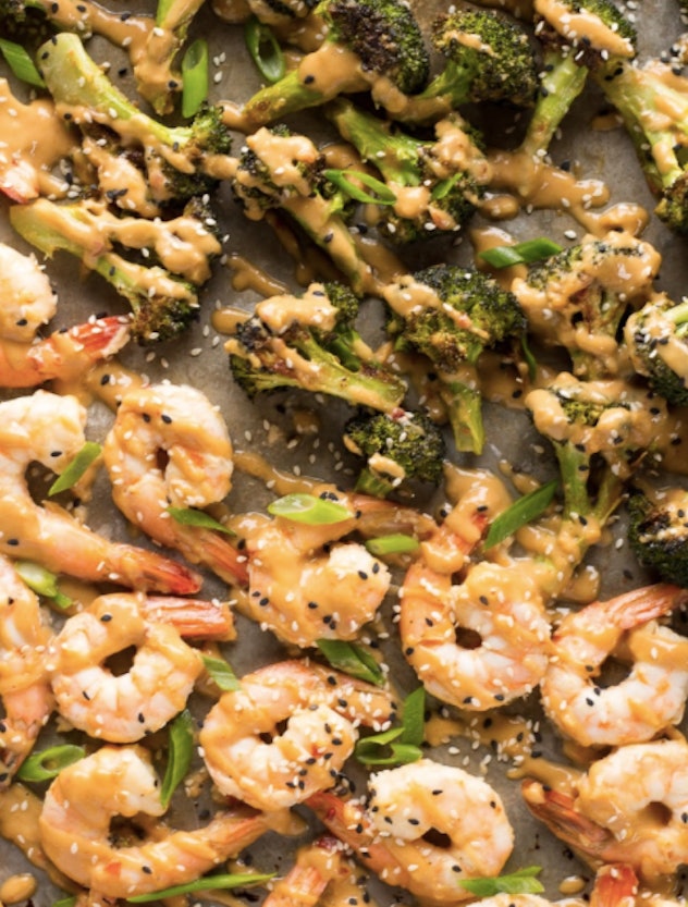 Sheet pan peanut sauce shrimp and broccoli