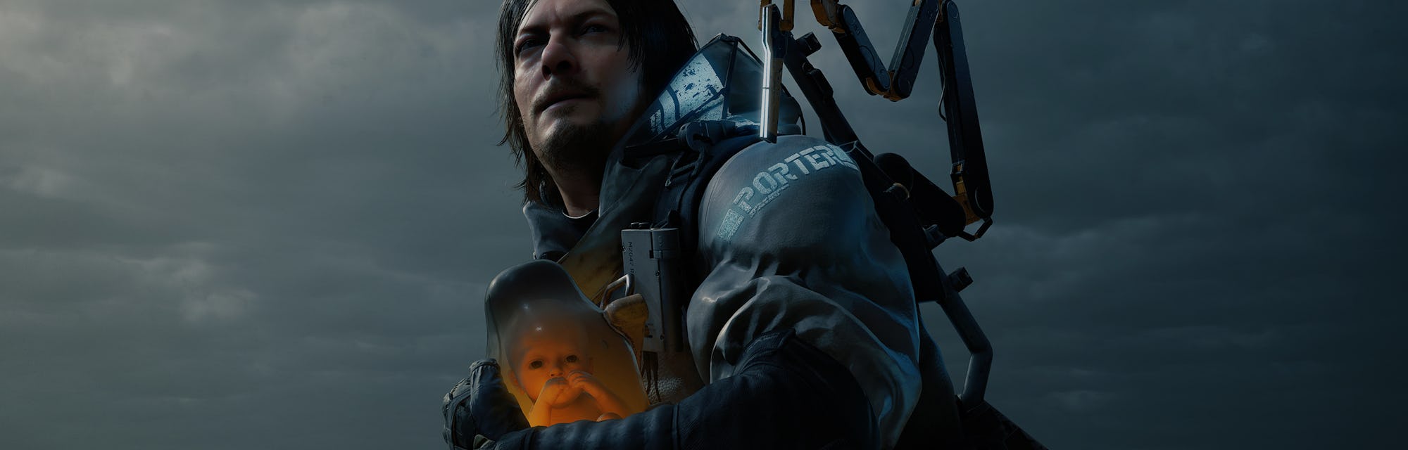A screencap of the main character from the game Death Stranding.