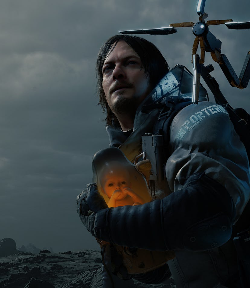 A screencap of the main character from the game Death Stranding.