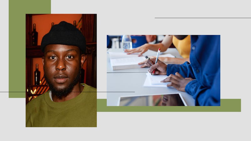 Caleb Femi and an image of children writing at school