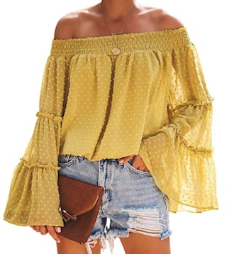 RXRXCOCO Off-The-Shoulder Chiffon Bell-Sleeve Shirt