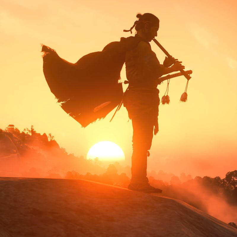 A character from Ghost of Tsushima playing on an instrument with the sunset in the background