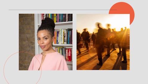 A composite image of Emma Dabiri standing against the backdrop of a brick wall with a bookshelf and ...