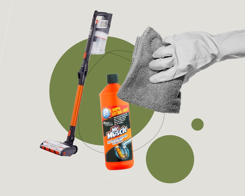 A composite image of a vacuum cleaner, mr muscle drain unblocker, and a washing up gloved-hand with ...