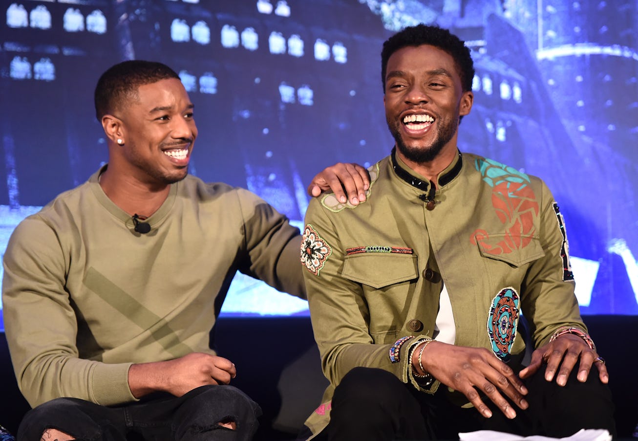 Actors Michael B. Jordan (L) and Chadwick Boseman attend the Marvel Studios' BLACK PANTHER Global Ju...