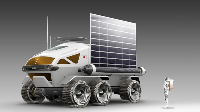 A render of the Lunar Cruiser with a large solar panel on its side.