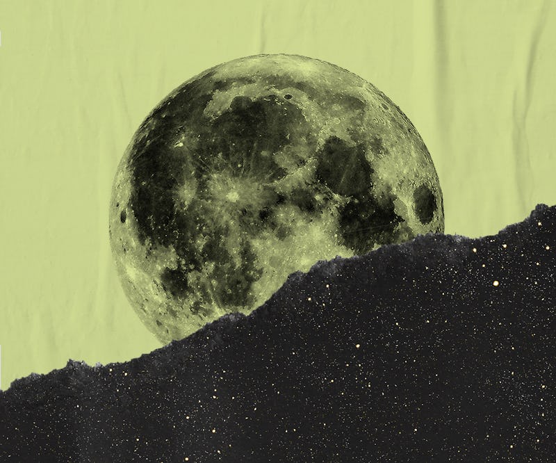 A collage image of a full moon on top of a pastel yellow slightly wrinkled paper with a segment of a...
