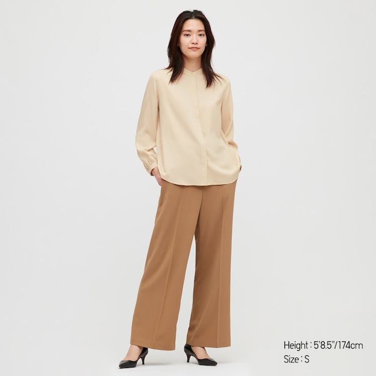 Uniqlo Women Rayon Band Collar Long-Sleeve Blouse