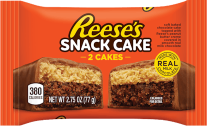 an image of a wrapper for Reese's new snack cake in signature Reese orange with a picture of the sna...
