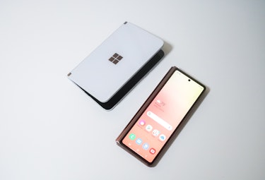 The Surface Duo doesn't have a cover display. The Galaxy Z Fold 2 has a big 6.2-inch Super AMOLED sc...