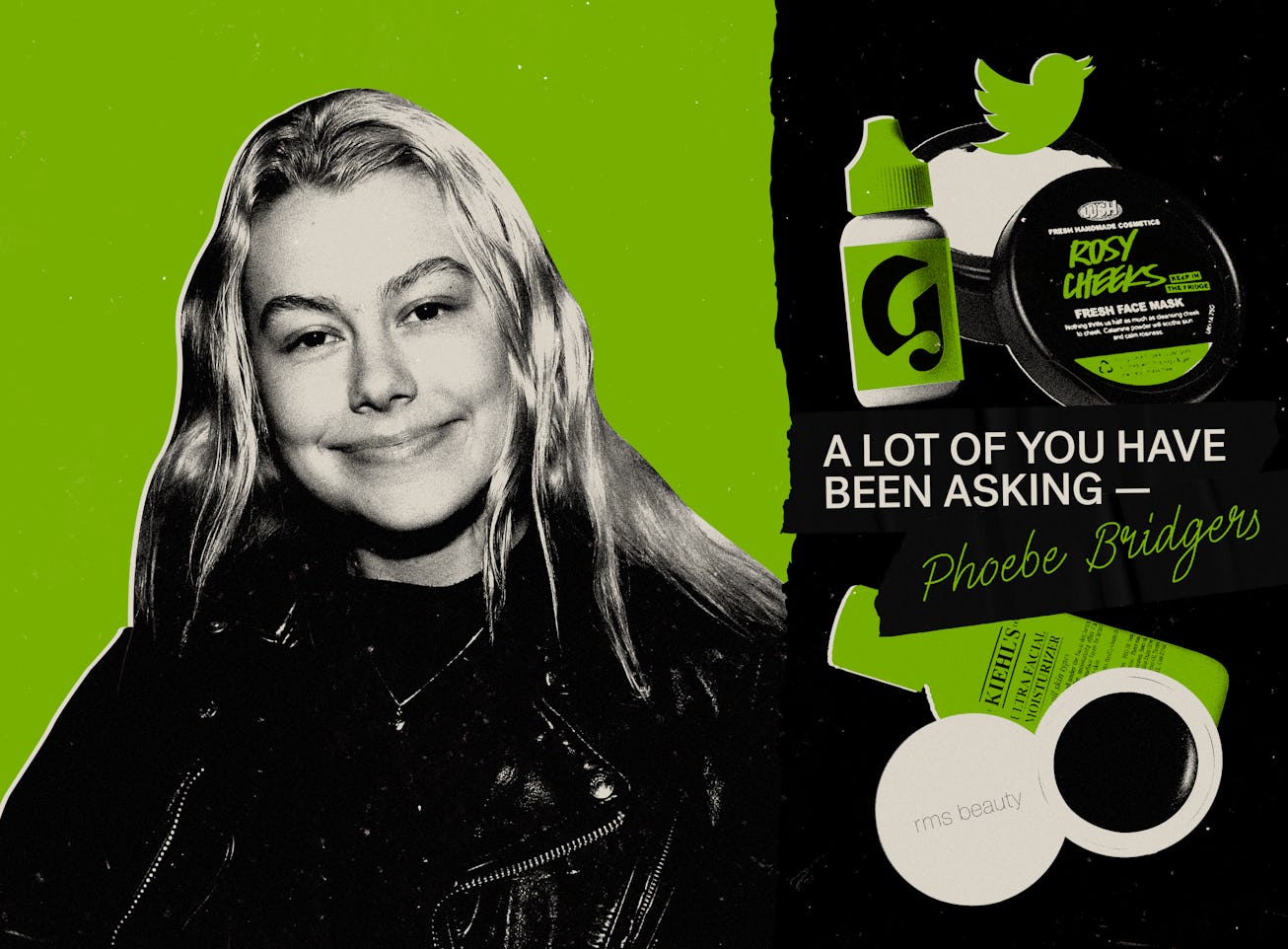 Phoebe Bridgers next to products she uses to look like Gerard Way in 2005