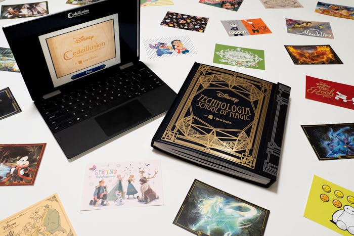 Promo image for Disney's Codeillusion product; laptop, Codeillusion book, and famous movie postcards...